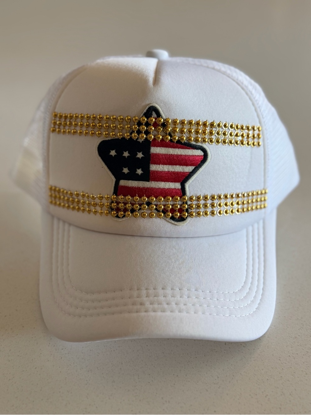 NWT Custom White Patriotic Star Patch Cap with Gold Studs